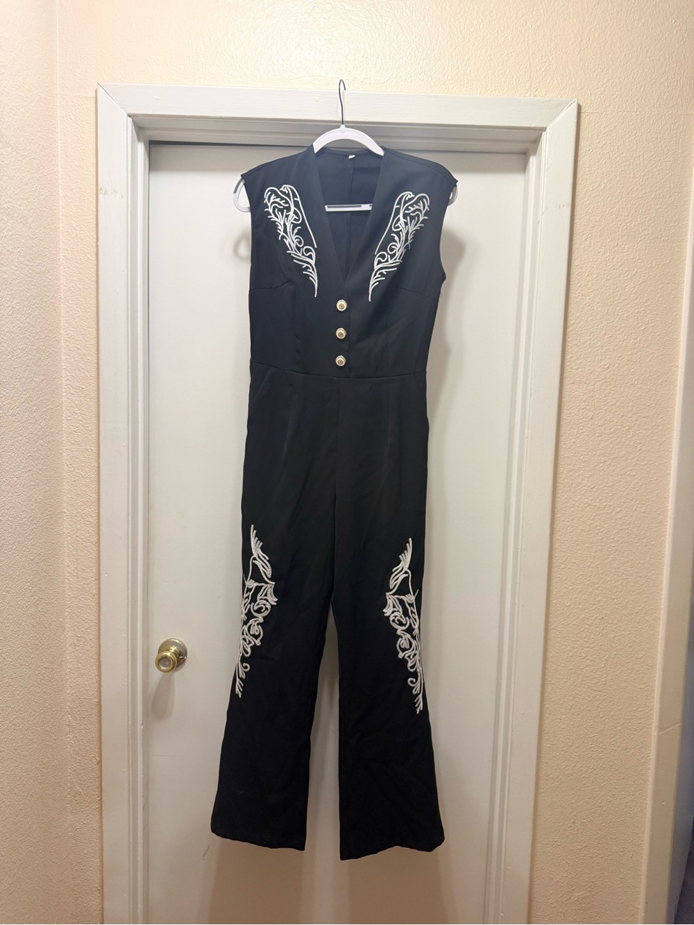 Black Western Embroidered Wide Leg Jumpsuit Size S Rodeo Cowgirl
